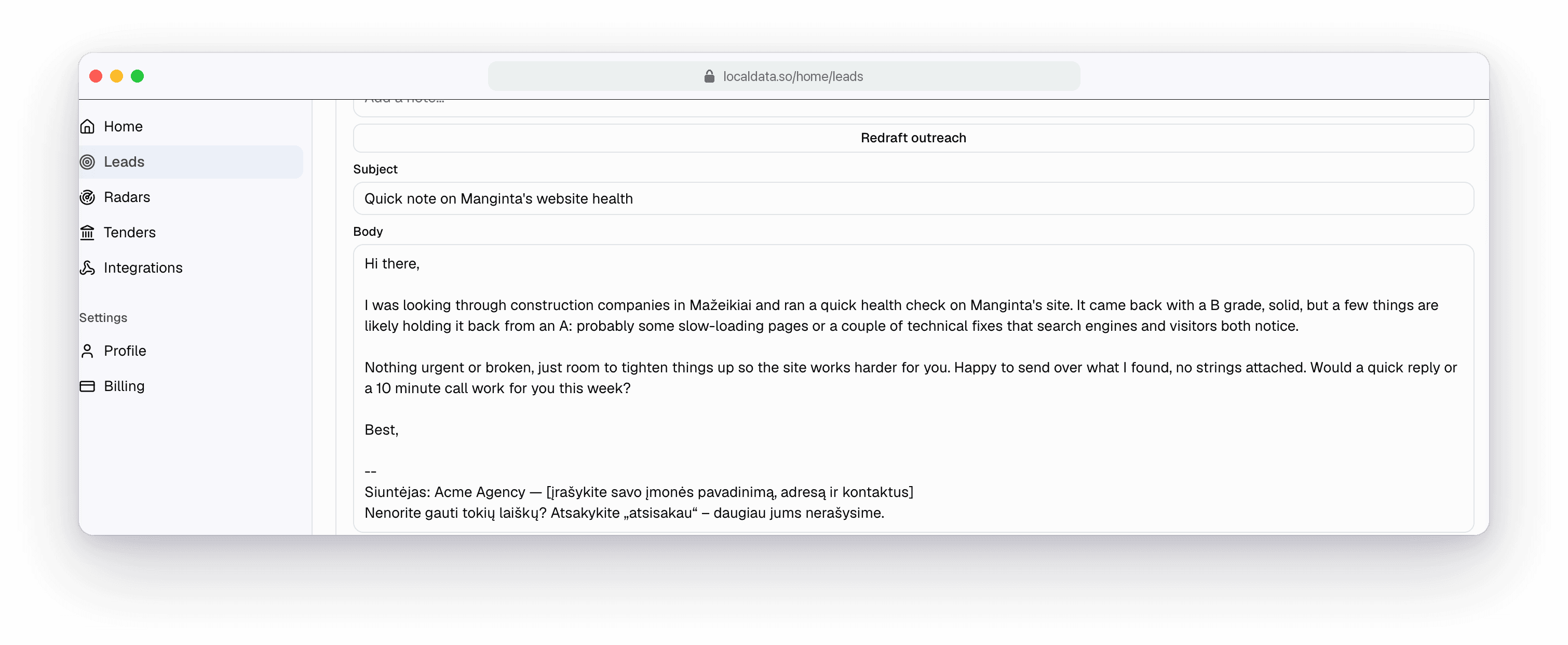 LocalData AI outreach draft — a generated subject and body written from a business's gaps, with a Lithuanian statutory compliance footer