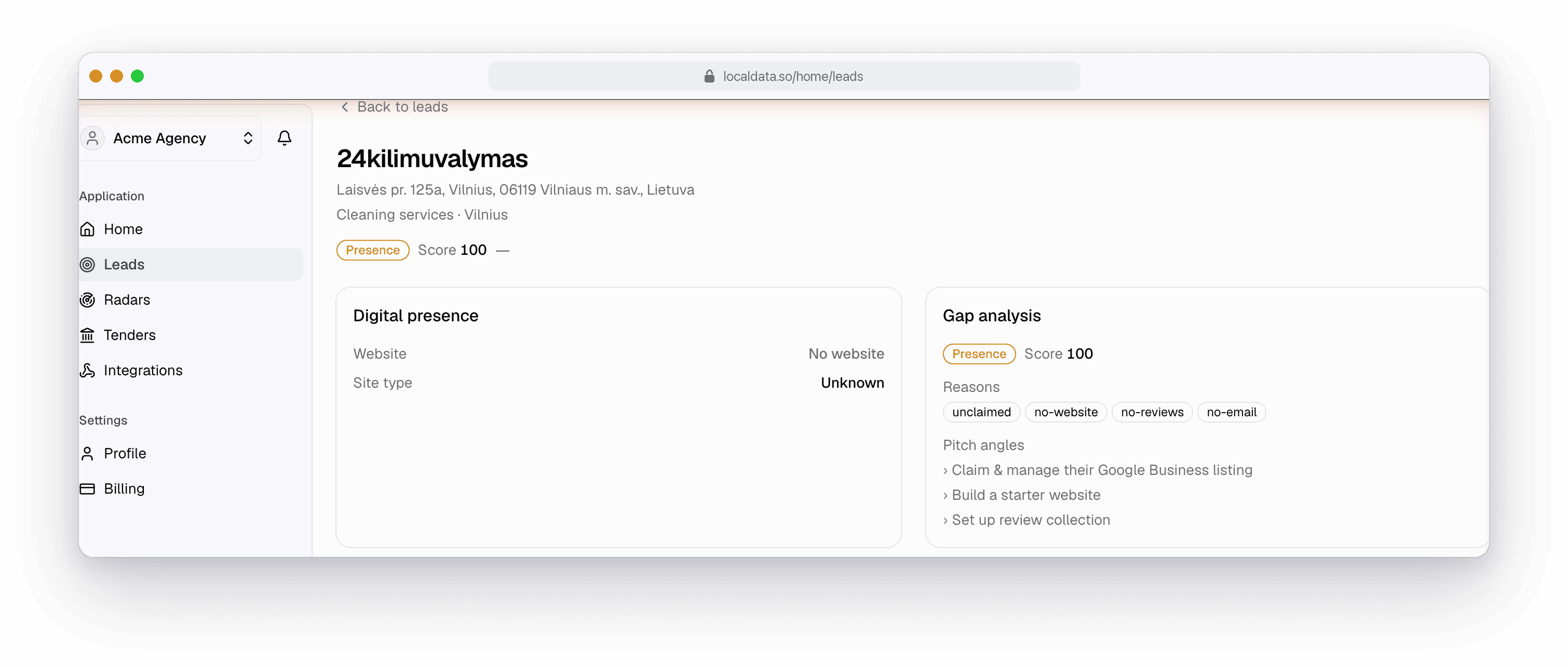 LocalData lead detail — a business's digital-presence breakdown, gap analysis with reasons, and ready-to-use pitch angles