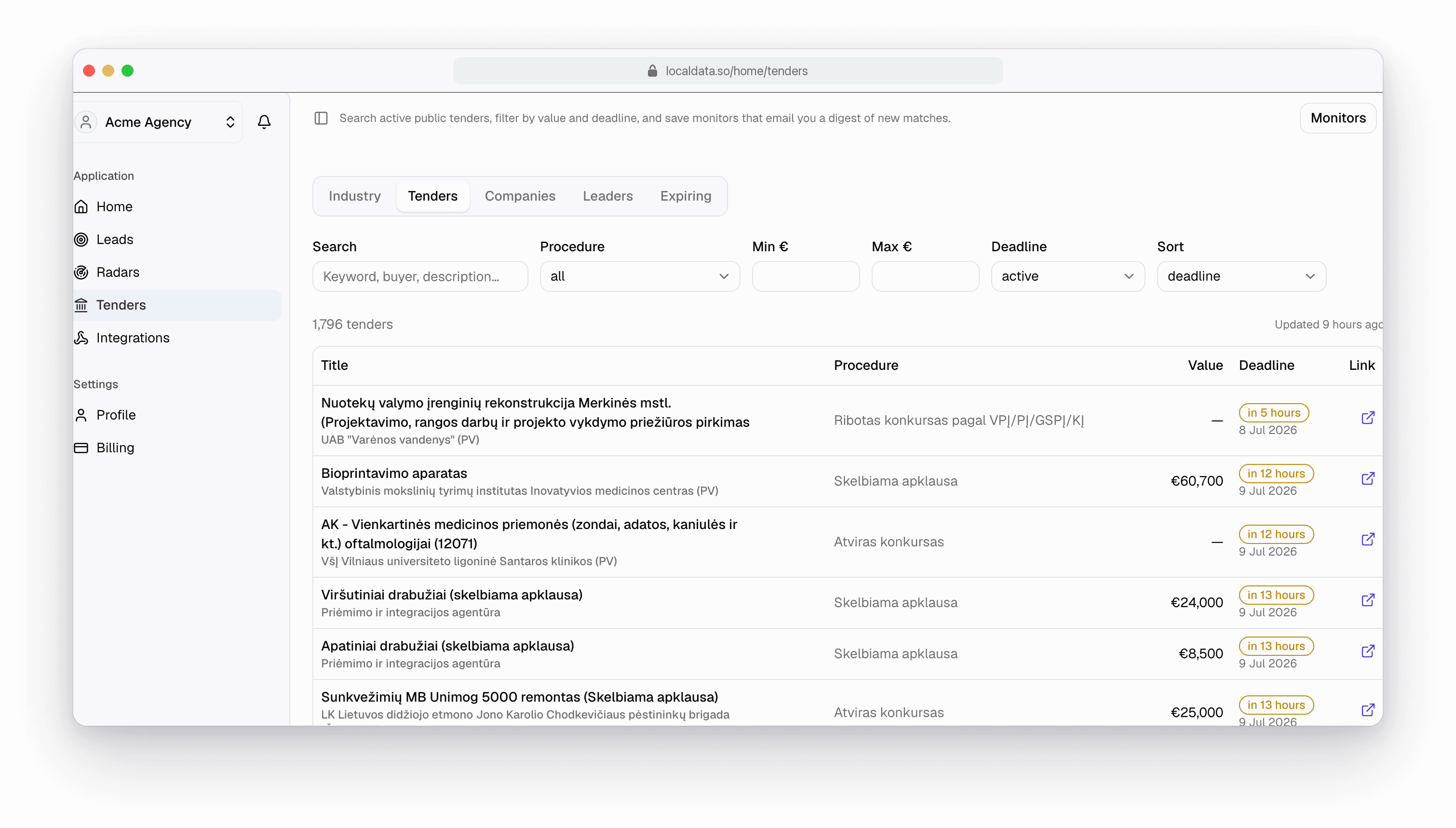 LocalData Tenders tiesioginis aktyvių Lietuvos viešųjų pirkimų srautas.
